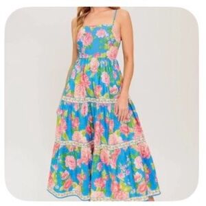 Flying Tomato DAYLIGHT MUSE WOVEN MIDI ~ Blue and Pink Floral Dress ~ size L